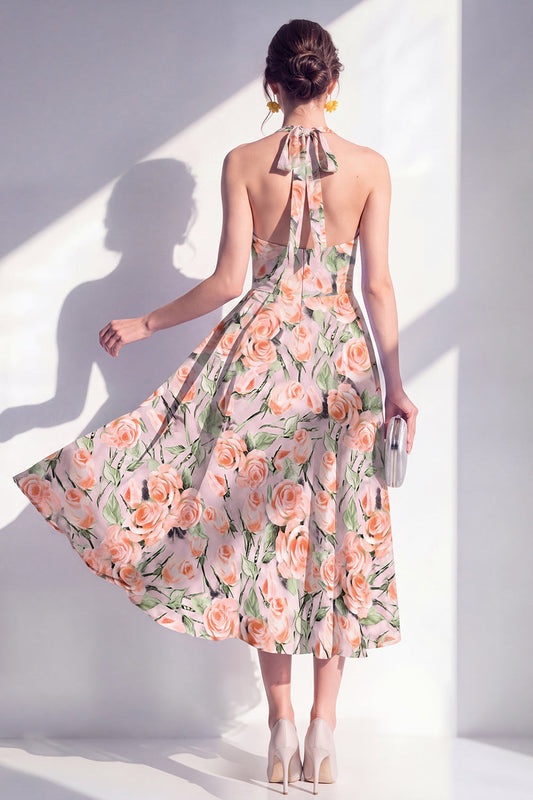 A-Line Pink Flower Halter Neck Midi Dress with Bow