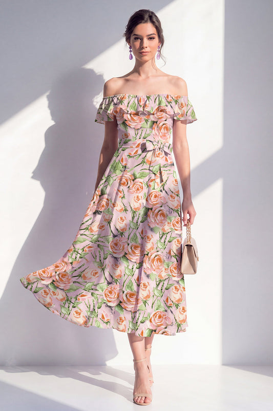 A-Line Pink Flower Off the Shoulder Midi Dress