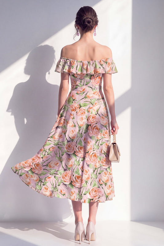 A-Line Pink Flower Off the Shoulder Midi Dress