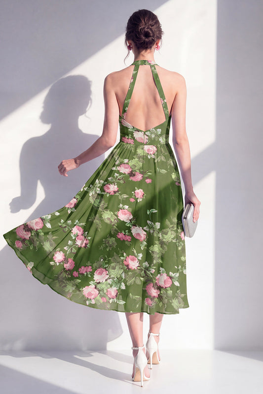 Robe midi trapèze en mousseline vert foncé à encolure américaine et imprimé floral