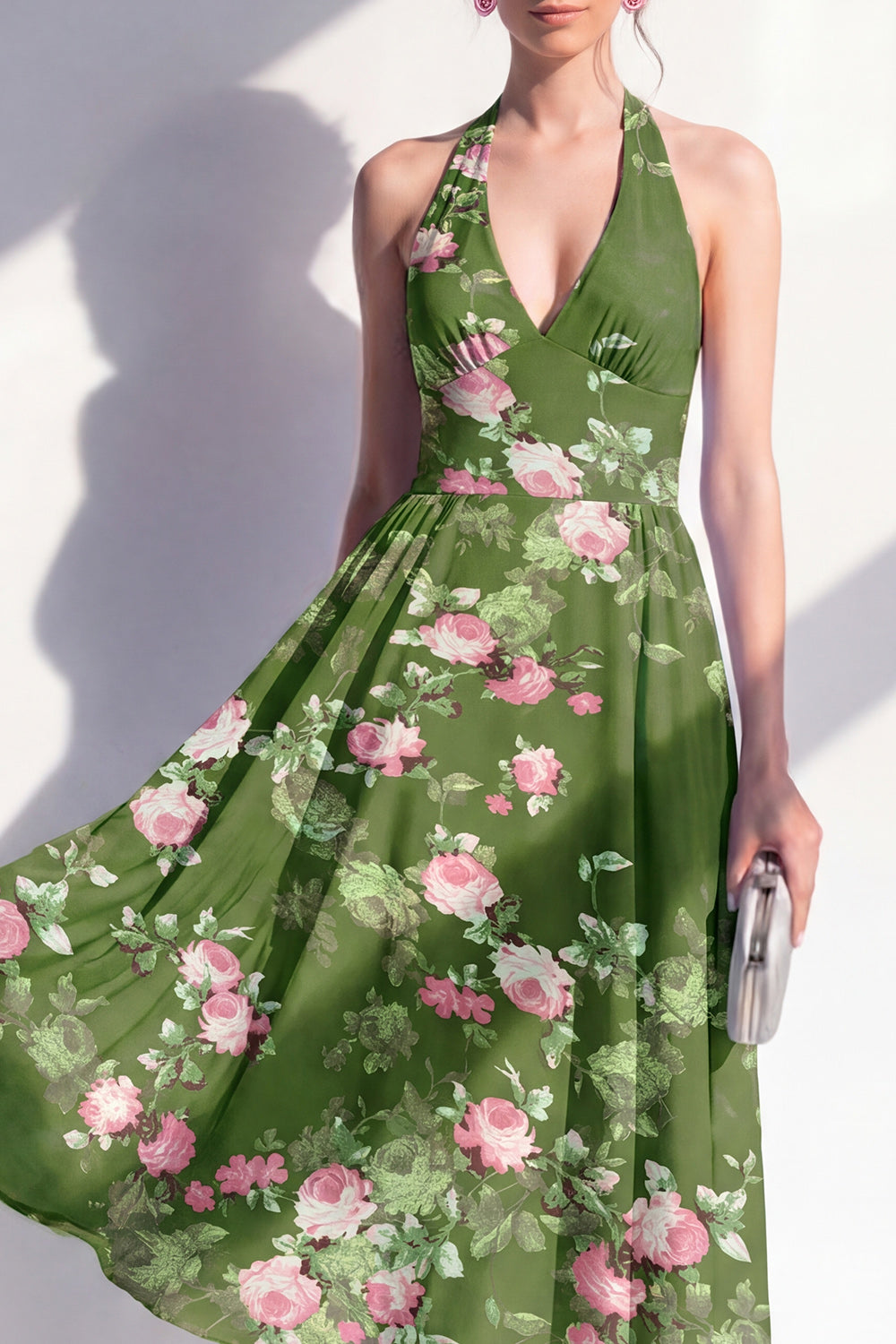 Robe midi trapèze en mousseline vert foncé à encolure américaine et imprimé floral