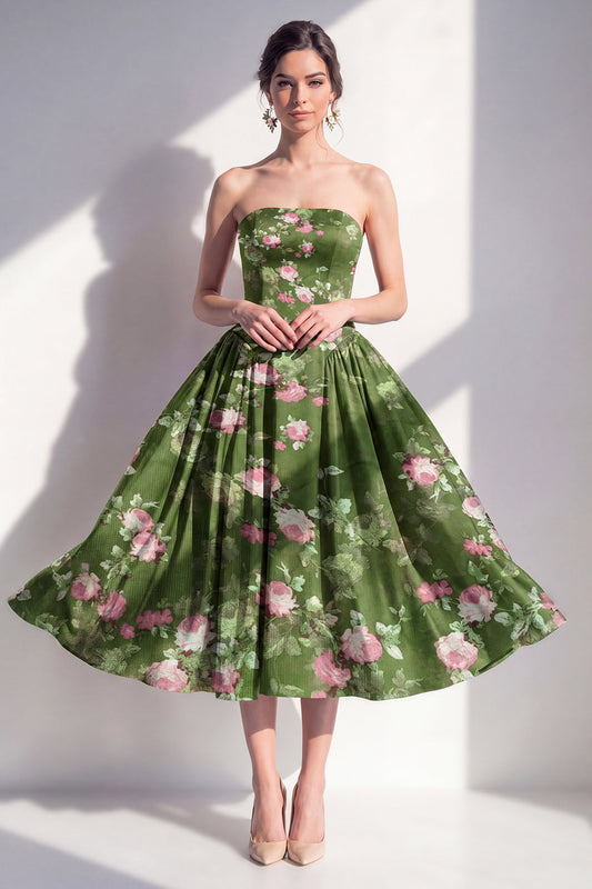 Robe midi trapèze sans bretelles en mousseline vert foncé à fleurs
