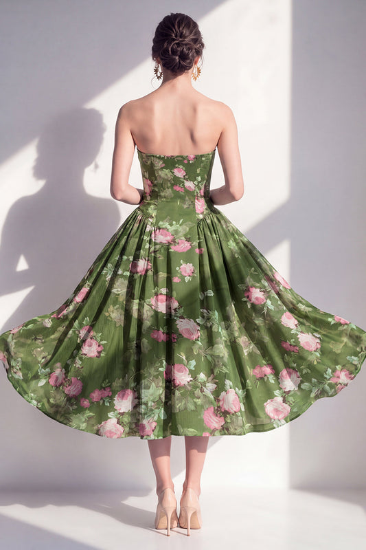 Robe midi trapèze sans bretelles en mousseline vert foncé à fleurs