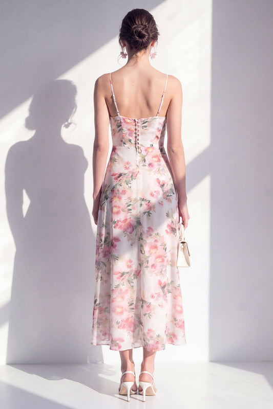 Pink Flower Spaghetti Strapless Sheath Chiffon Ruffled Midi Dress with Slit