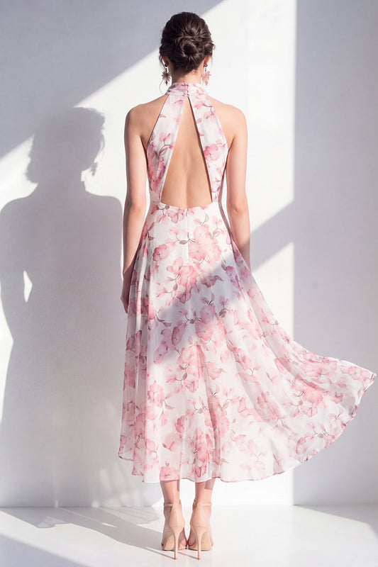 Pink Flower A-Line Chiffon Halter Neck Midi Dress