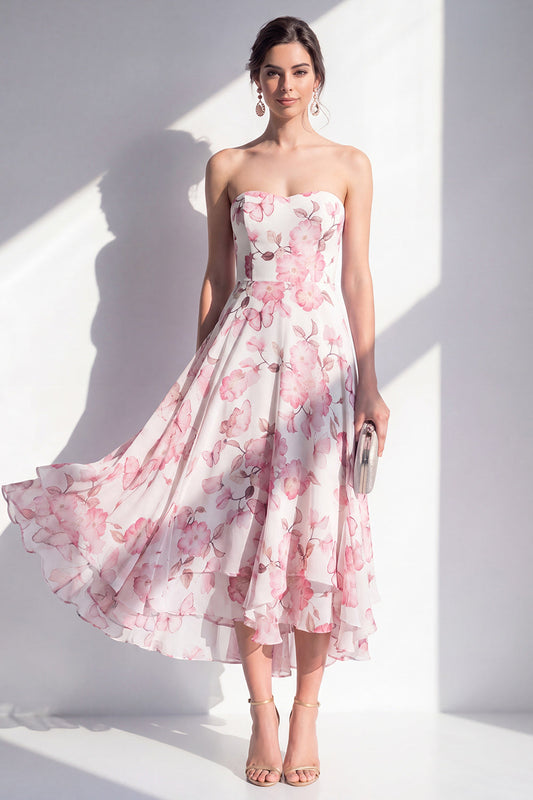 A-Line Pink Flower Chiffon Strapless Midi Dress