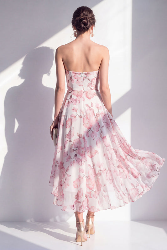 A-Line Pink Flower Chiffon Strapless Midi Dress