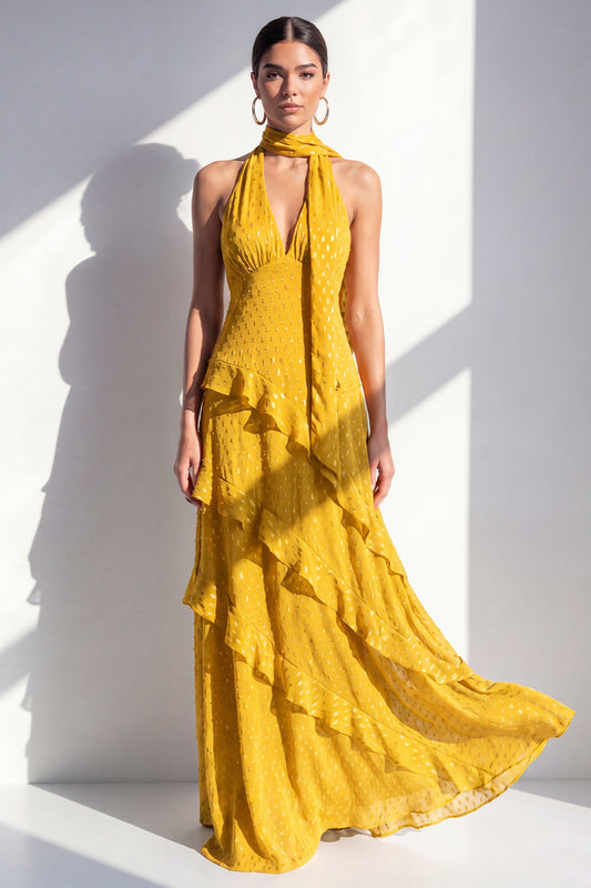 A-Line Yellow Halter Ruffled Chiffon Long Wedding Guest Dress with Neck Scarf