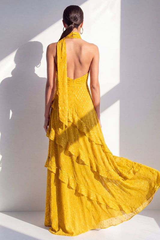 A-Line Yellow Halter Ruffled Chiffon Long Wedding Guest Dress with Neck Scarf