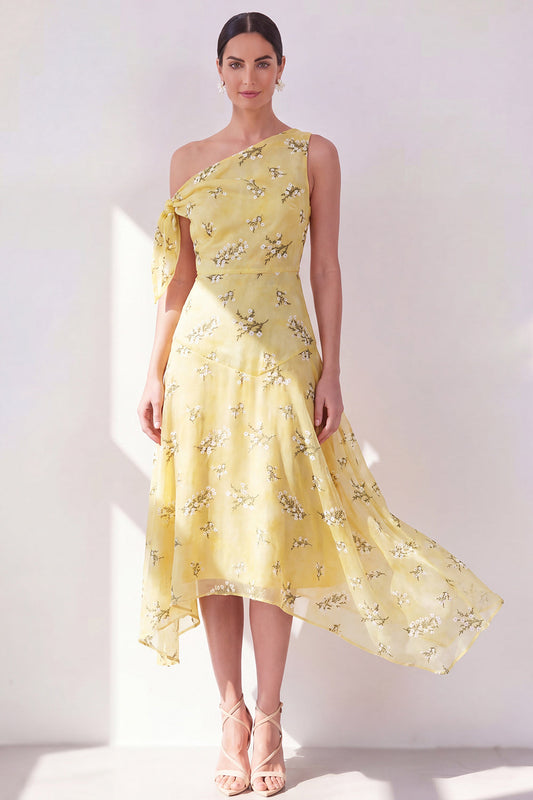 One Shoulder A-Line Yellow Chiffon Asymmetrical Midi Floral Dress