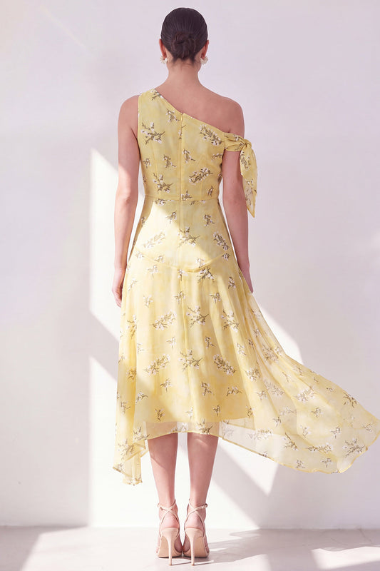 One Shoulder A-Line Yellow Chiffon Asymmetrical Midi Floral Dress