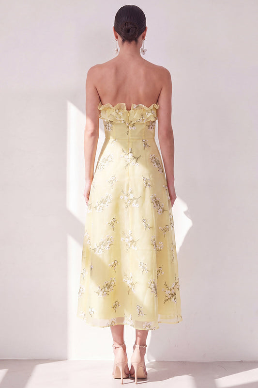 Yellow A-Line Strapless Chiffon Ruffled Midi Floral Dress
