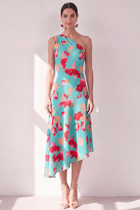 Blue Red Flower One Shoulder A-Line Asymmetrical Midi Dress