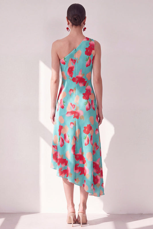 Blue Red Flower One Shoulder A-Line Asymmetrical Midi Dress