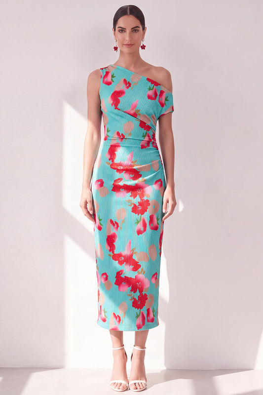 Blue Red Flower One Shoulder Bodycon Ruched Midi Dress