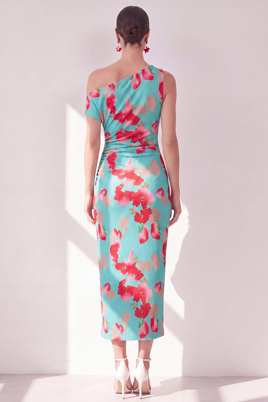 Blue Red Flower One Shoulder Bodycon Ruched Midi Dress