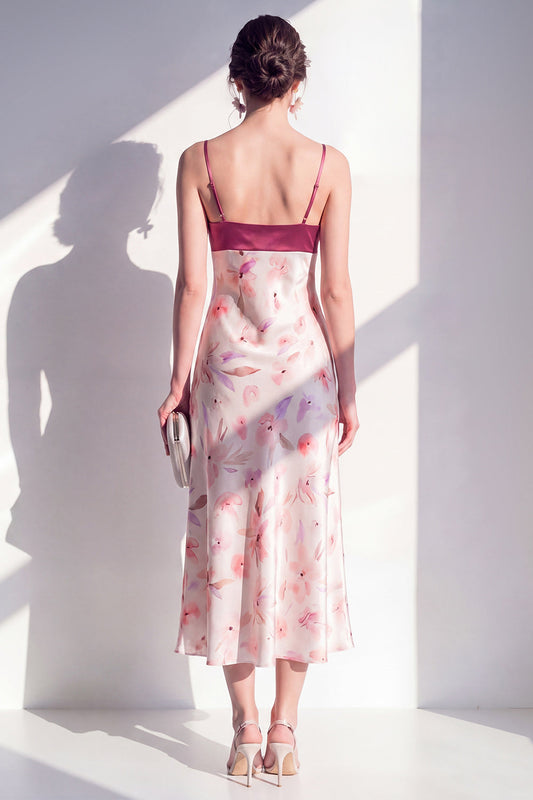 Pink A-Line Satin Spaghetti Straps Floral Midi Dress