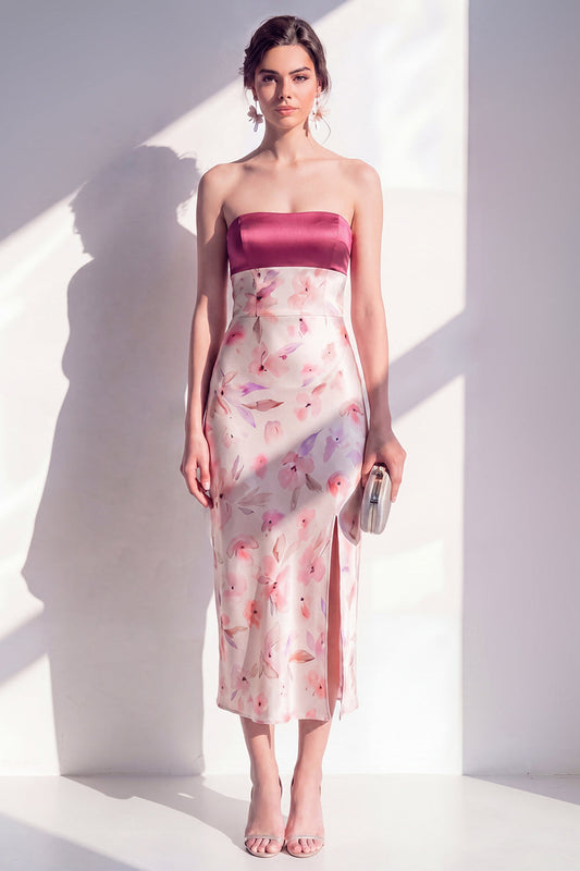 Pink Satin Strapless Sheath Floral Midi Dress with Slit