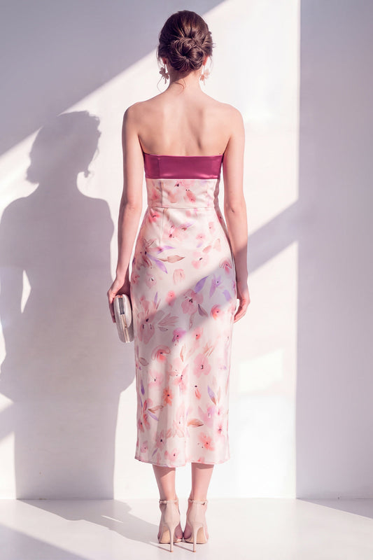 Pink Satin Strapless Sheath Floral Midi Dress with Slit