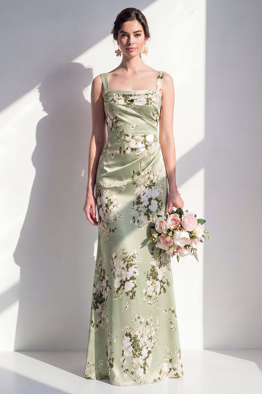 Sage Green Mermaid Satin Floral Square Neck Ruched Long Bridesmaid Dress