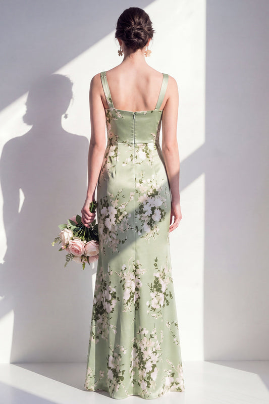 Sage Green Mermaid Satin Floral Square Neck Ruched Long Bridesmaid Dress