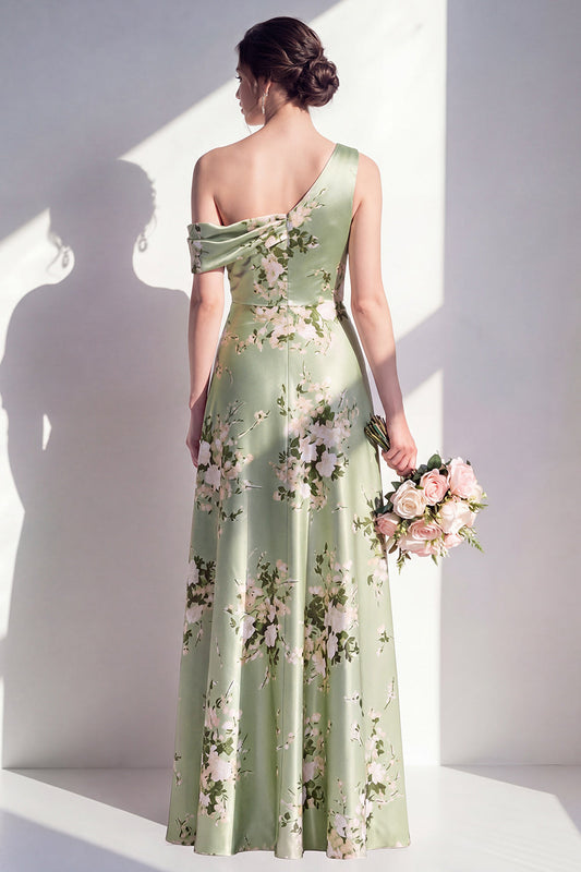 One-Shoulder A-Line Sage Green Satin Floral Long Bridesmaid Dress