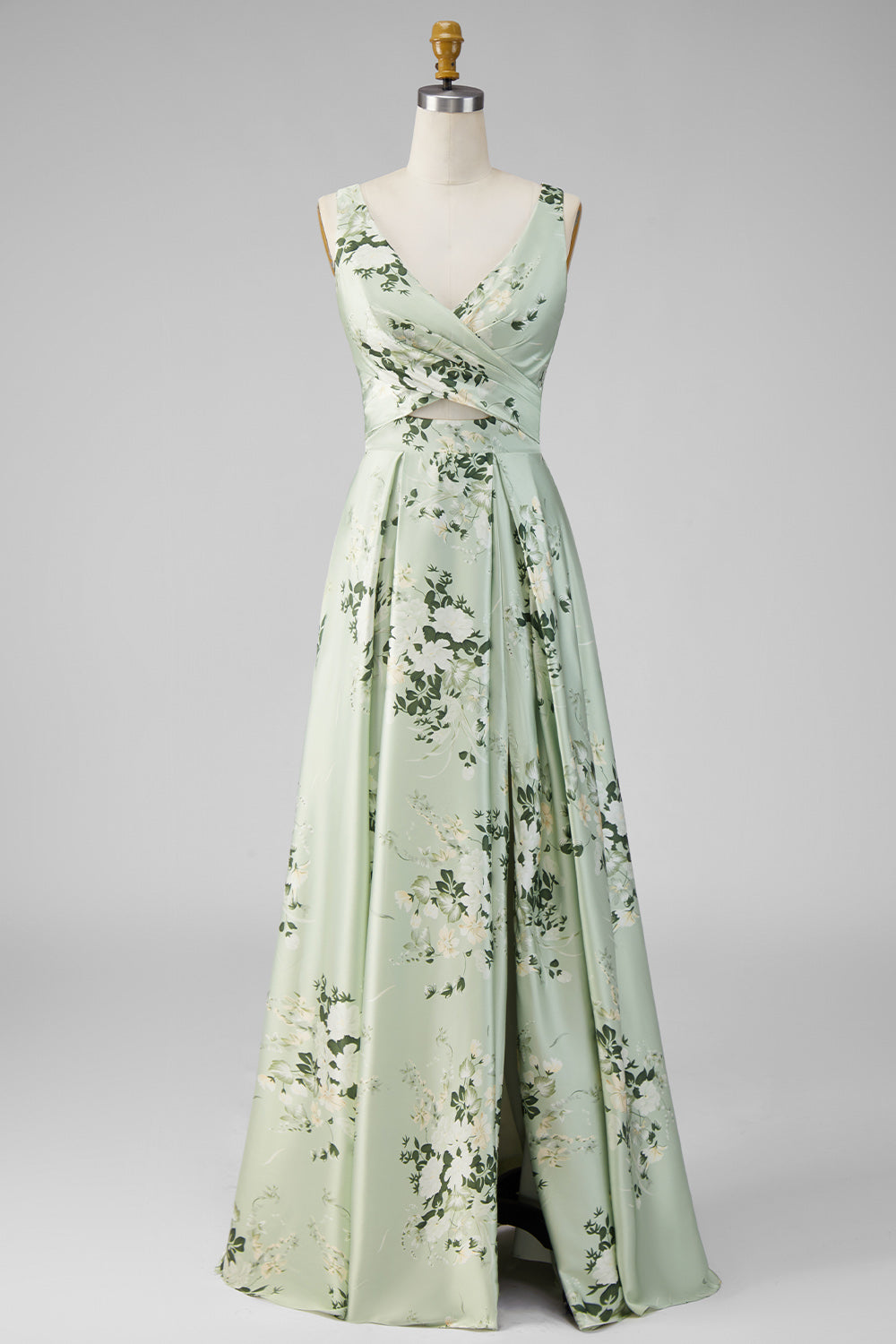 Robe longue de demoiselle d'honneur trapèze en satin vert sauge avec col en V, motif floral et fente