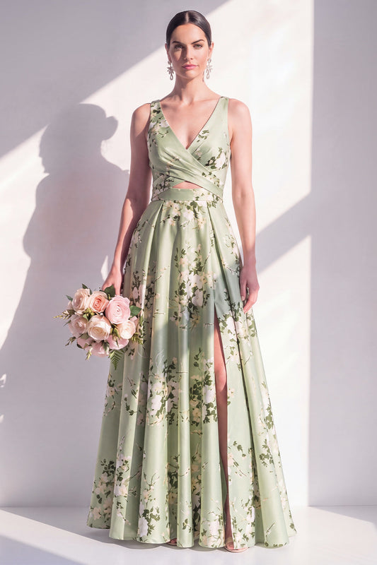 Robe longue de demoiselle d'honneur trapèze en satin vert sauge avec col en V, motif floral et fente