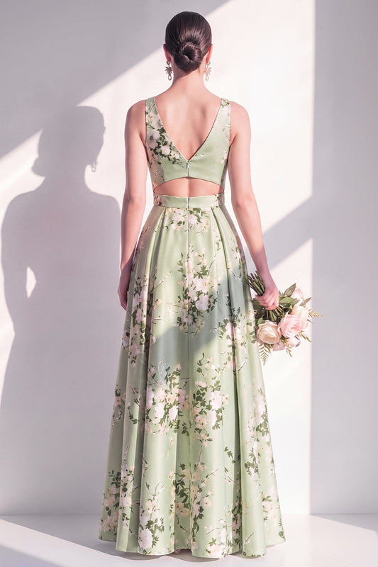 Robe longue de demoiselle d'honneur trapèze en satin vert sauge avec col en V, motif floral et fente