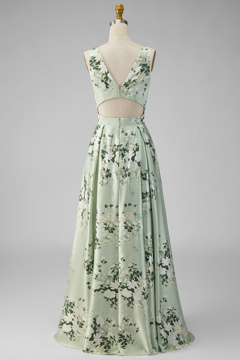 Robe longue de demoiselle d'honneur trapèze en satin vert sauge avec col en V, motif floral et fente