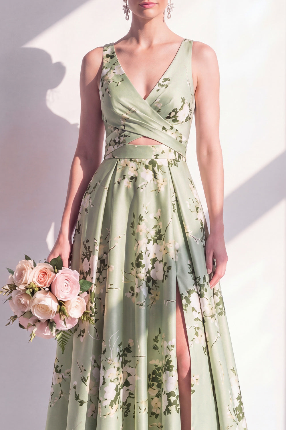 Robe longue de demoiselle d'honneur trapèze en satin vert sauge avec col en V, motif floral et fente