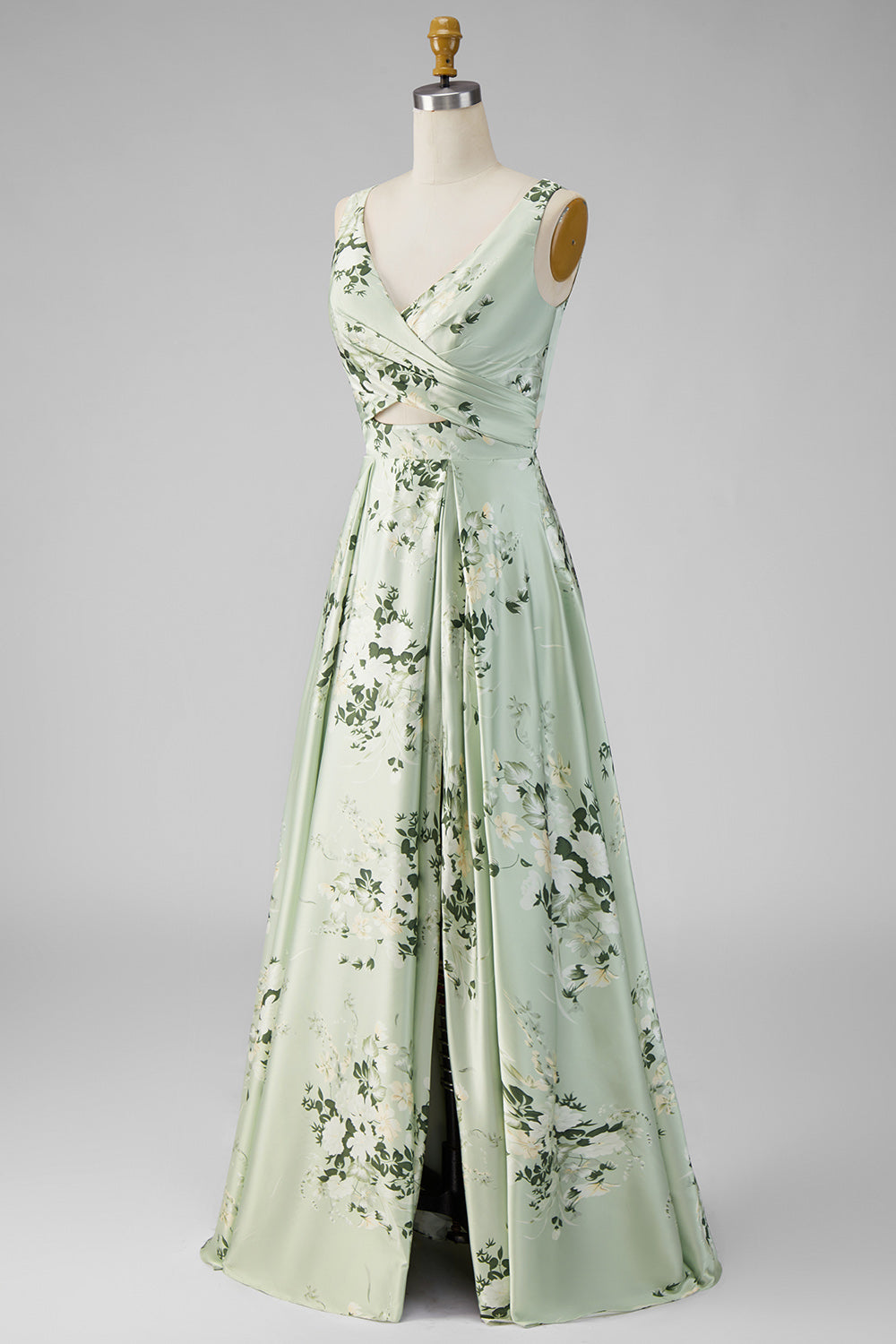 Robe longue de demoiselle d'honneur trapèze en satin vert sauge avec col en V, motif floral et fente
