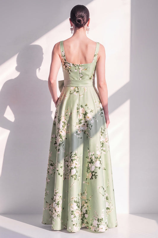 Satin A-Line Sage Green Square Neck Floral Long Bridesmaid Dress with Belt
