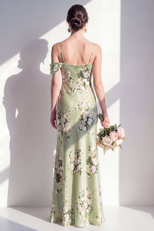 Satin Sage Green Mermaid Floral Spaghetti Straps Long Bridesmaid Dress