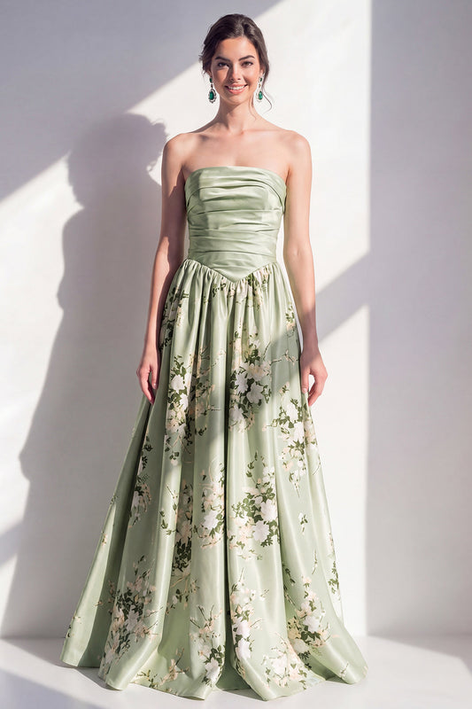 Robe longue de demoiselle d'honneur trapèze en satin vert sauge à imprimé floral, sans bretelles et froncée