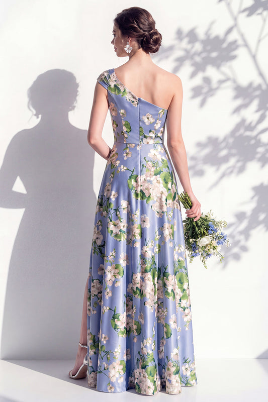 One Shoulder Blue Floral A-Line Bridesmaid Dress with Slit