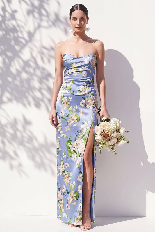 Strapless Blue Floral Ruched Sheath Bridesmaid Dress with Slit