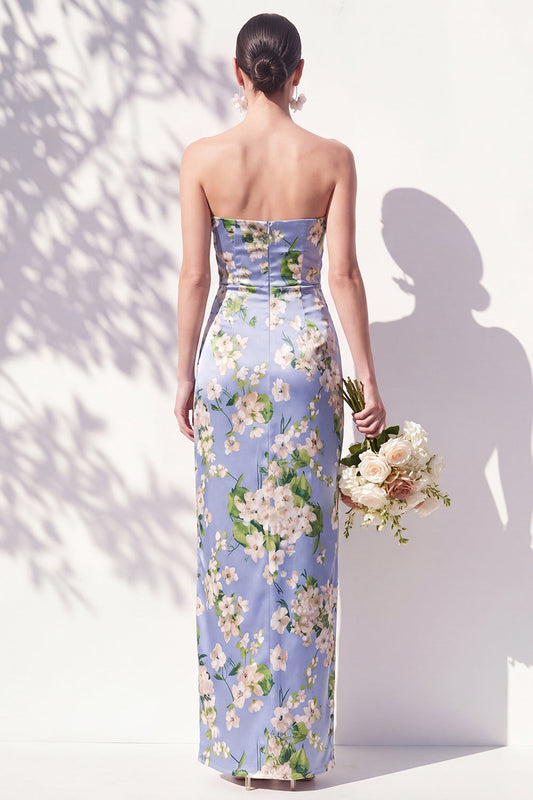 Strapless Blue Floral Ruched Sheath Bridesmaid Dress with Slit