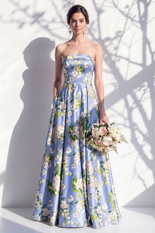 Strapless Blue Floral A Line Bridesmaid Dress