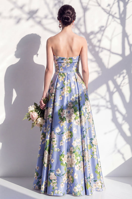 Strapless Blue Floral A Line Bridesmaid Dress
