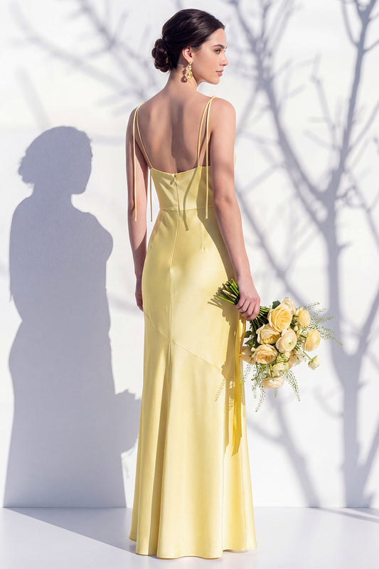 Robe de Demoiselle d'Honneur Fourreau Jaune à Bretelles Fines et Fente