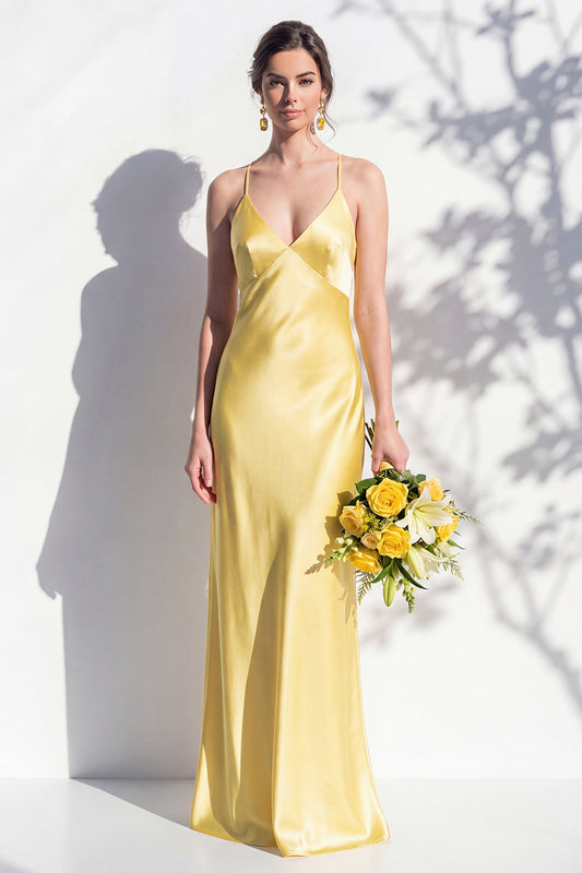 Robe fourreau jaune en satin à fines bretelles pour demoiselle d'honneur