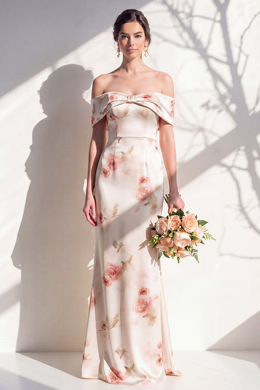 Off-the-Shoulder Ivory Red Floral Mermaid Bridesmaid Dress