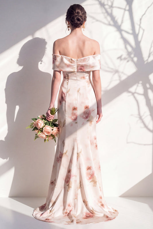 Off-the-Shoulder Ivory Red Floral Mermaid Bridesmaid Dress