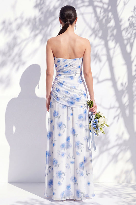 Strapless Blue Floral A Line Bridesmaid Dress with Slit