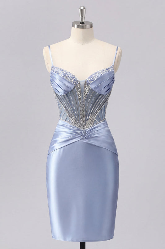 Grey Blue Satin Bodycon Sheer Corset Short Prom Dress with Beading