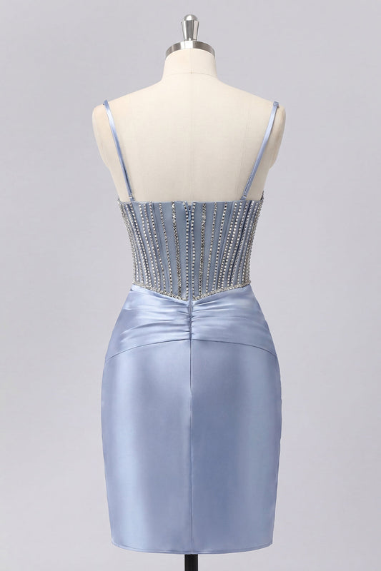 Grey Blue Satin Bodycon Sheer Corset Short Prom Dress with Beading