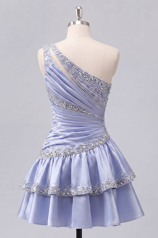 Grey Blue Satin A-Line One Shoulder Ruched Homecoming Dress with Beading