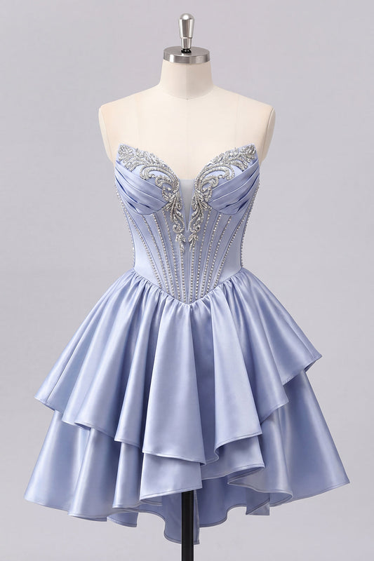 Satin A-Line Grey Blue Sweetheart Corset Ruched Cute Short Prom Dress with Beading