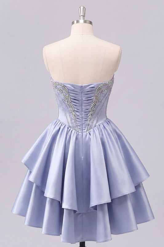 Satin A-Line Grey Blue Sweetheart Corset Ruched Cute Short Prom Dress with Beading